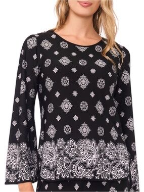 Sam and Jess Black Long-Sleeve Border Print Blouse size PL